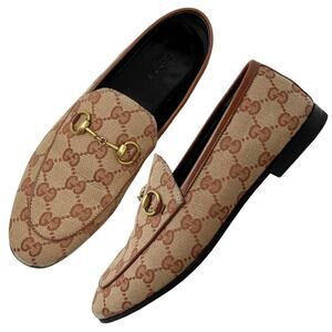 Gucci Jordaan Logo Monogram Canvas Loafers Brown Tan Size 36.5